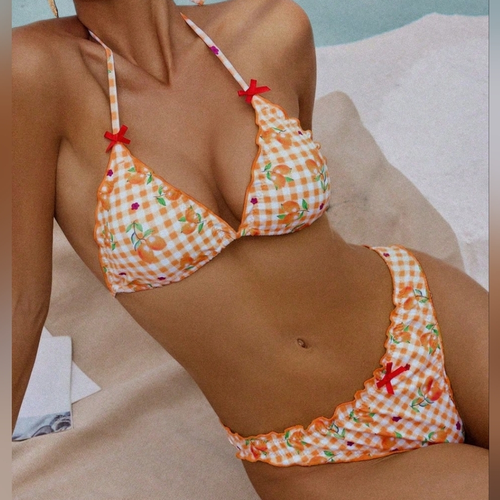 Shein 2Pcs Set Lemon Orange Plaid Bikini With Red Bows. - Picture 1 of 8
